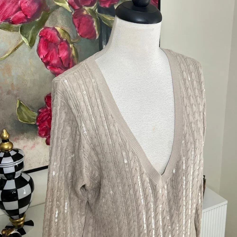 L'Agence Women's Cable Knit Sequin Long Sleeve Pullover Sweater Beige Size Large